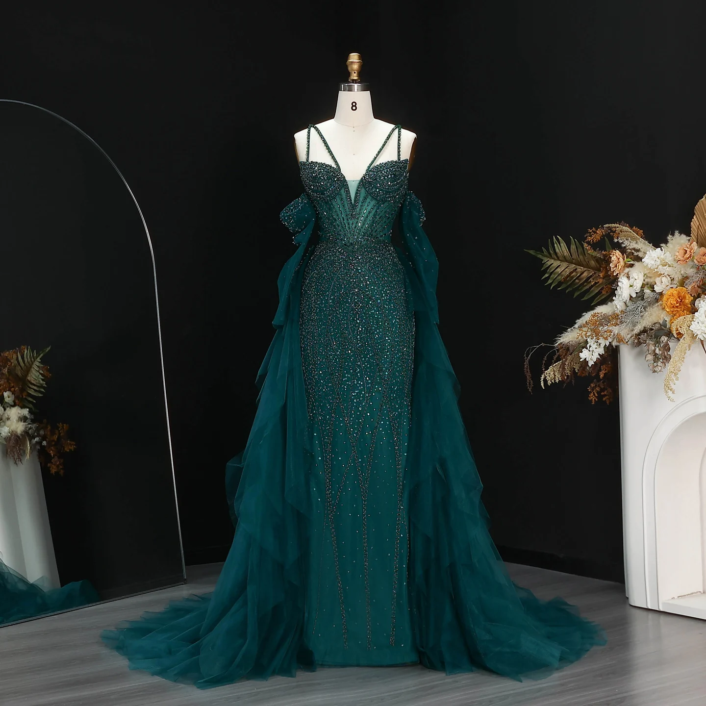 Sharon Said Dubai Grünes Abendkleid mit Spaghettiträgern, Perlen und Rüschenärmeln, formelles Ballkleid für Damen, SS123, maßgeschneidert – Detail 4