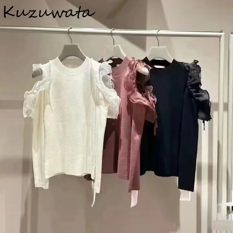 Kuzuwata O Neck z długim rękawem słodki, świeży sweter na ramię bez ramiączek jednolita, elegancka grzyb swetry japonia modne swetry z dzianiny