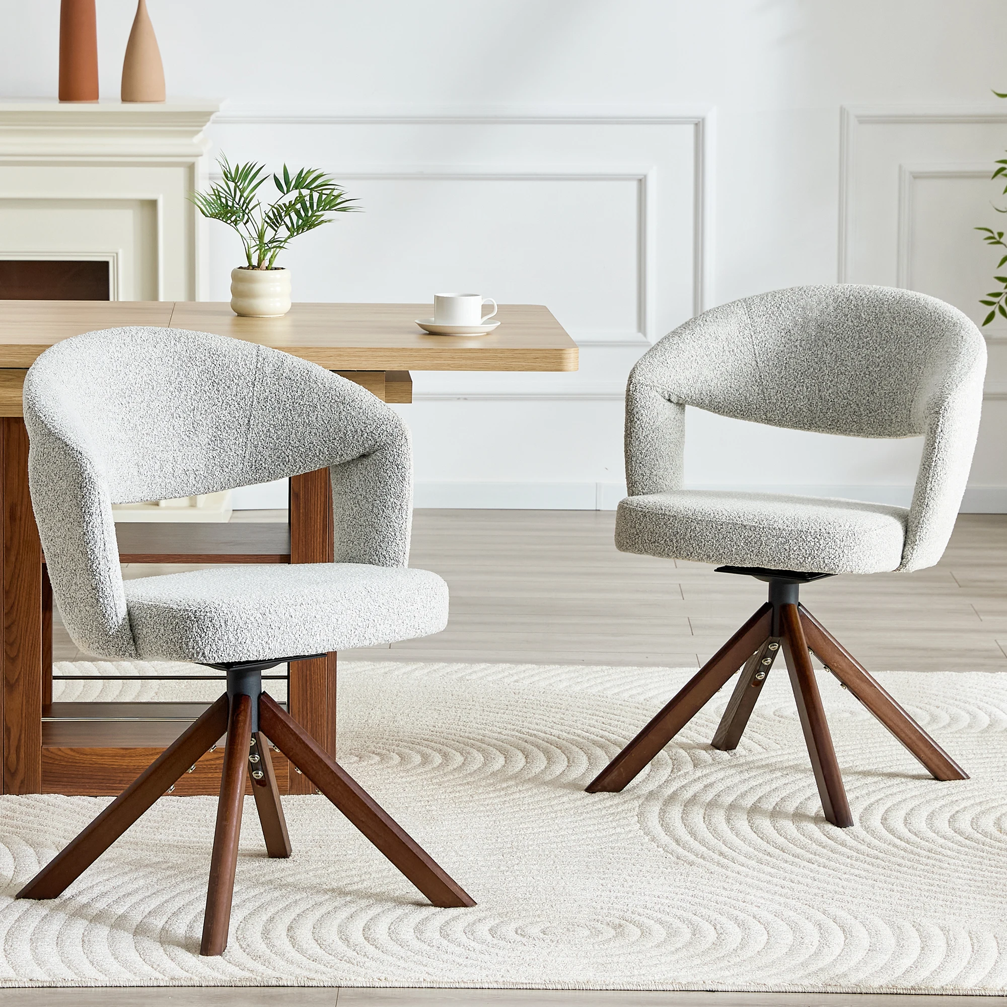 Set di 2 sedie da pranzo girevoli in stile retrò, di lusso, con rivestimento in tessuto grigio chiaro e gambe in legno massello color noce, 360. ° Rotazione silenziosa e schienale curvo. Adatto