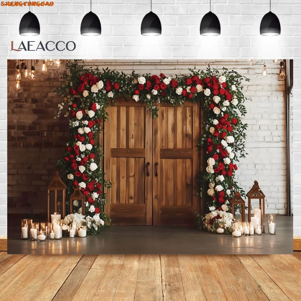 Valentine's Day Photography Backdrops Red Rose Candle Brick Wall Arch Door Wedding Bridal Shower Background Photo Booth Studio