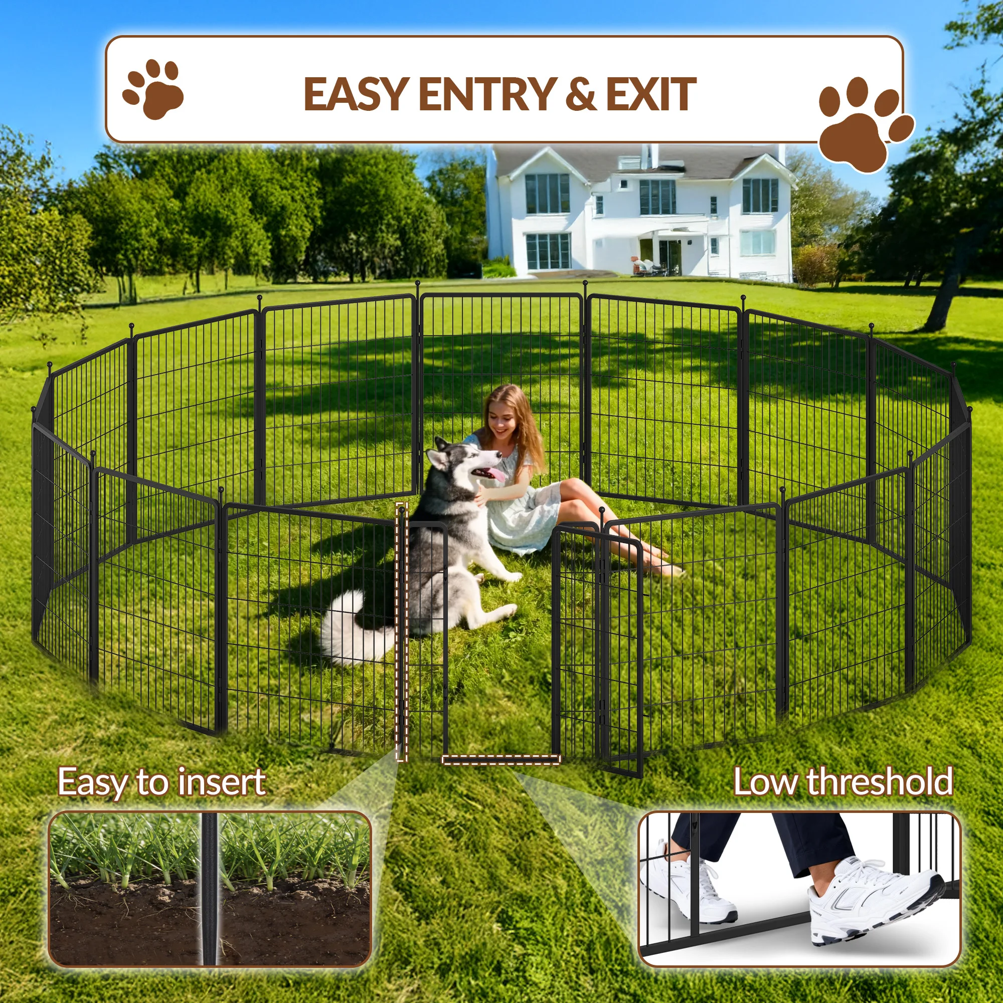 Foldable Black Metal Dog Play Yard 16 Grid Panels Equipped with 2 Door Locks, Dual Purpose Indoor Outdoor Puppy Enclosure