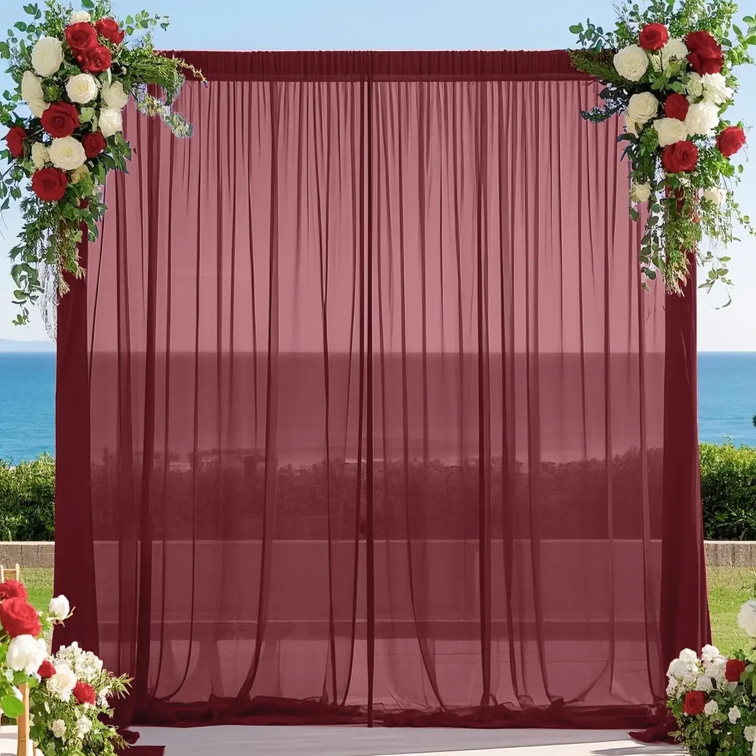 2Pcs Burgundy Backdrop Curtains,Sheer Chiffon Fabric Photo Backdrop Drapes for Wedding Arch Party Ceremony Stage Photography