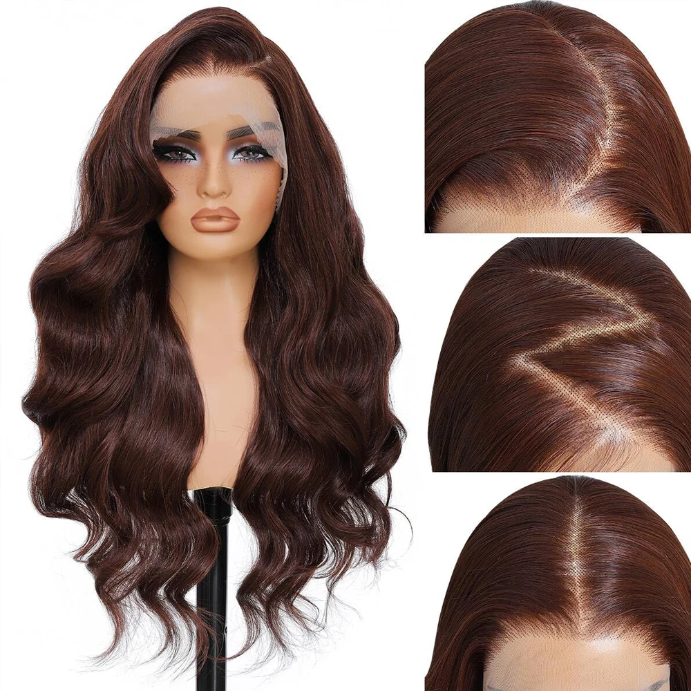 30 inch Body Wave Chocolate Brown Lace Front Wigs Human Hair Pre Plucked Brazilian Brown Virgin Hair 13x4 13x6 HD Frontal Wig For Women image 3