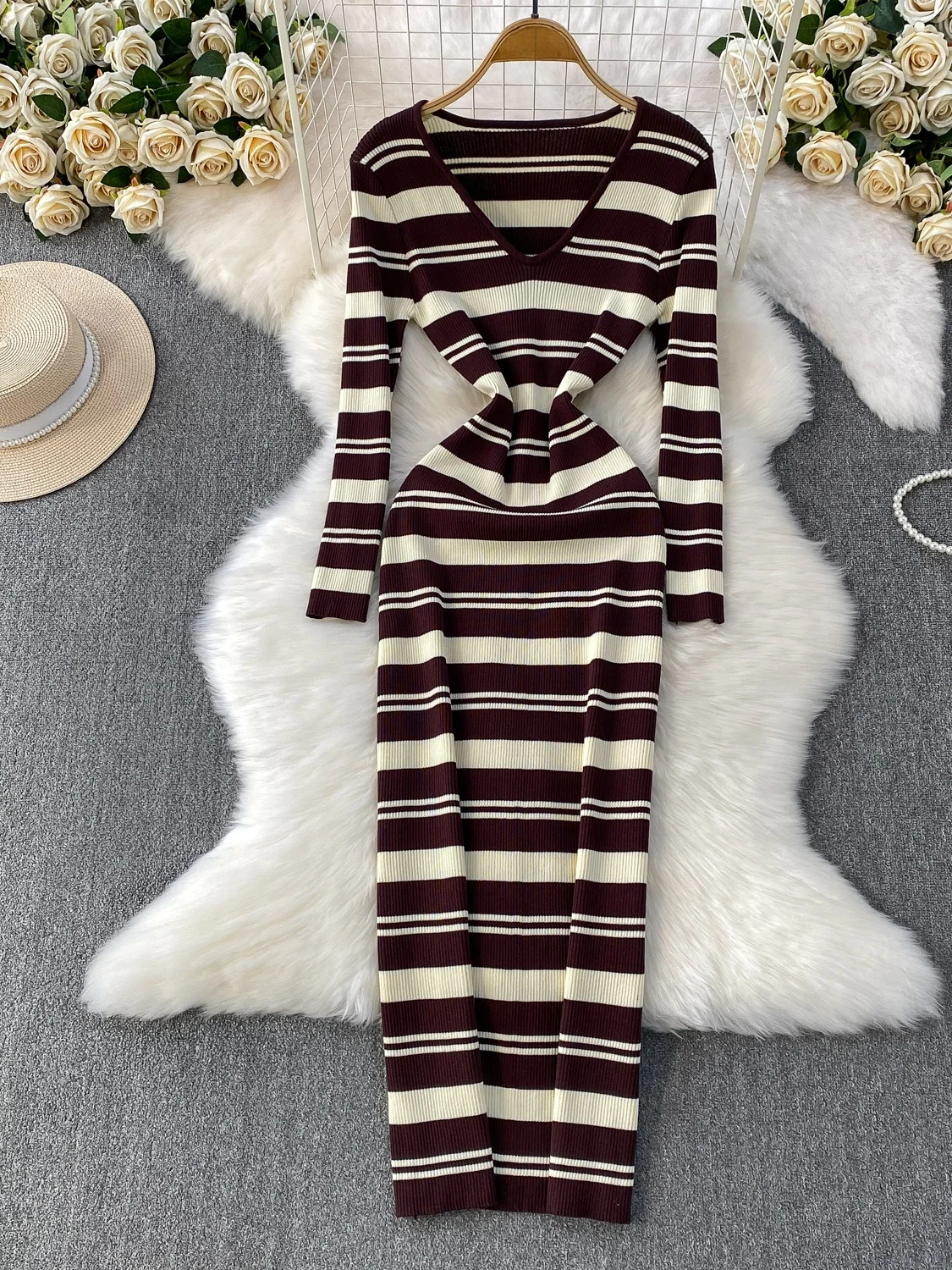 

Korean Sle Sexy Deep V Ne Knitted Long Dr Women's Autumn Winter Slimming over Knee High Waist A-Line Dr