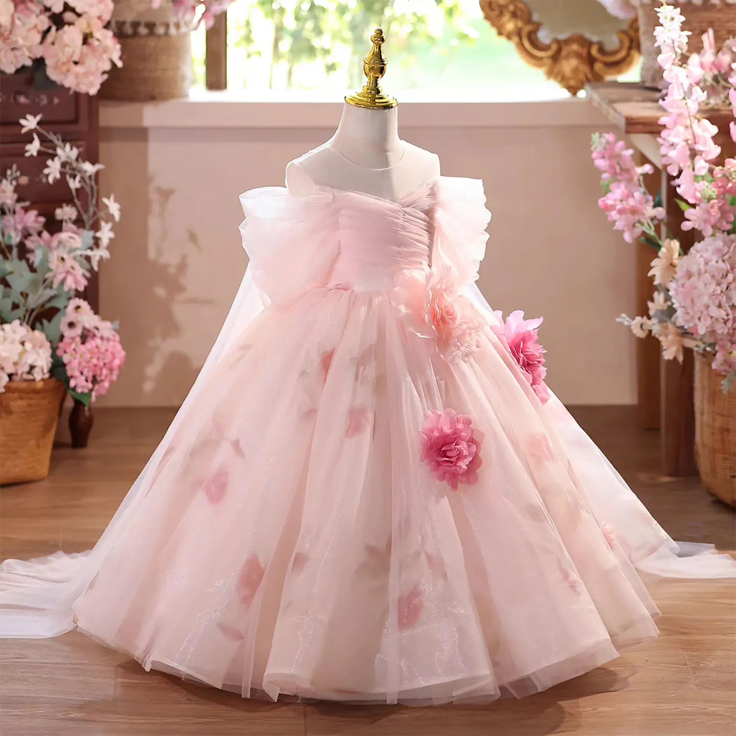 Luxury Pink Off Shoulder Flower Girl Dress 3D Flowers long Lace Kids Princess Wedding Pageant Birthday Party Gown