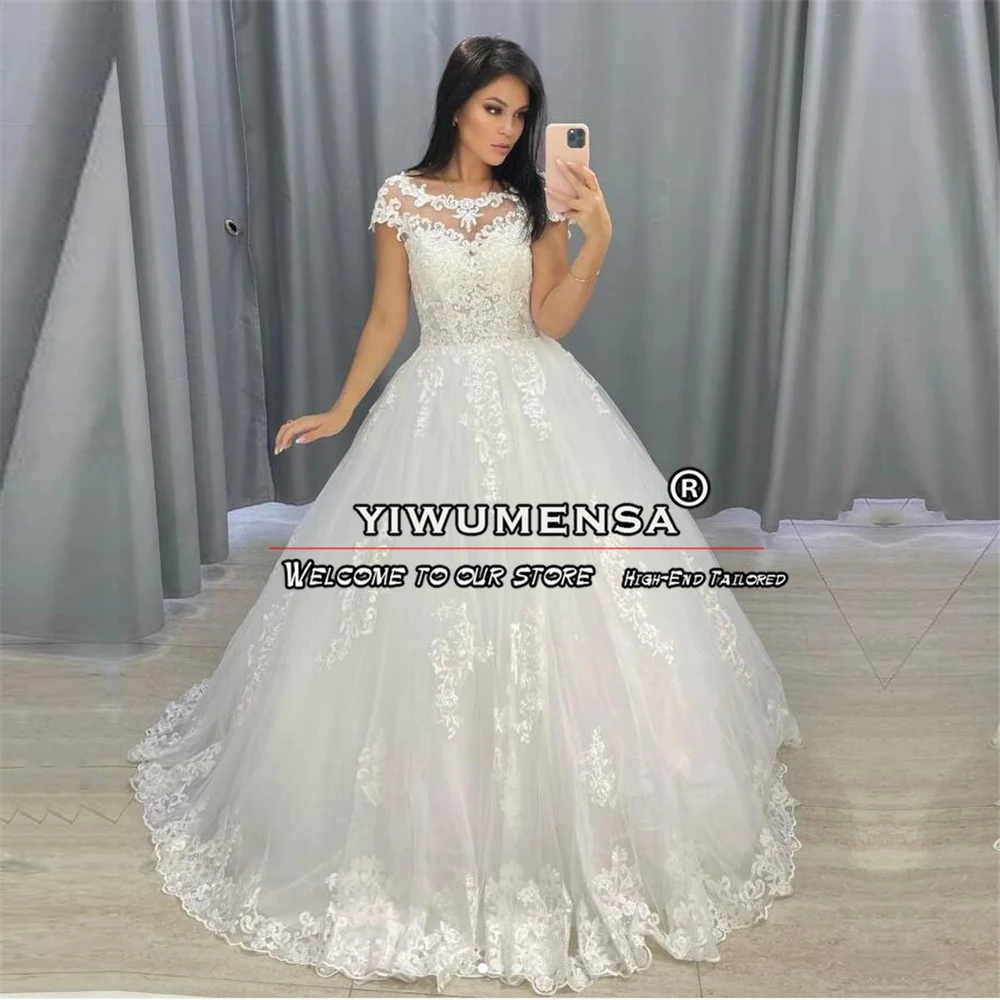 

Elegant Bride Marriage Ball Gown Wedding Dresses With Short Sleeves Sparkly Beading Appliques Bridal Dress Bespoke Women Clothes