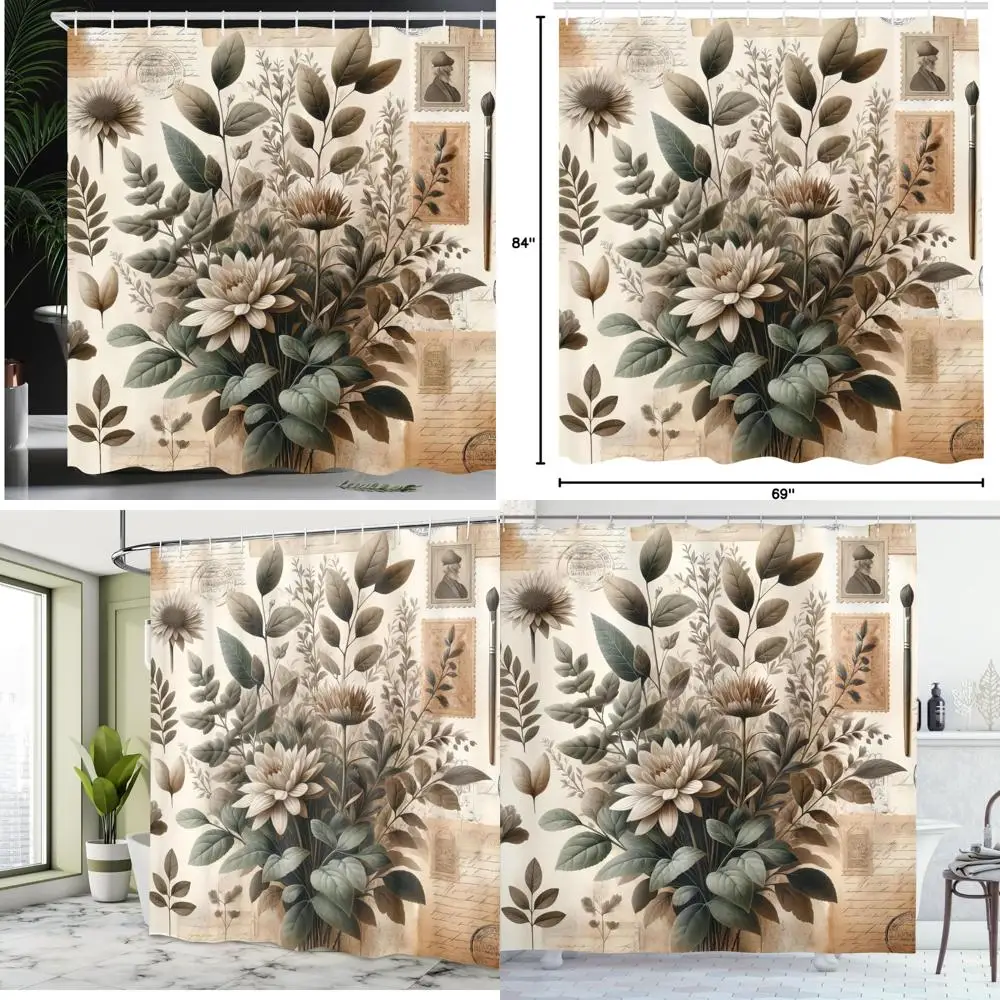 

Винтажная занавеска для душа в стиле бохо с цветами пиона на нейтральной тканевой ткани для декора ванной комнаты