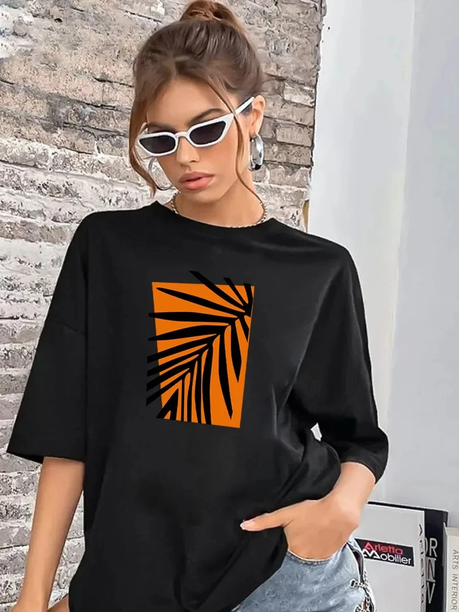 Trendy European Ins Vintage Orange Leaf Printed T-shirt for Women Casual Summer Cotton Y2k Breathable Vacation Half-sleeved Top