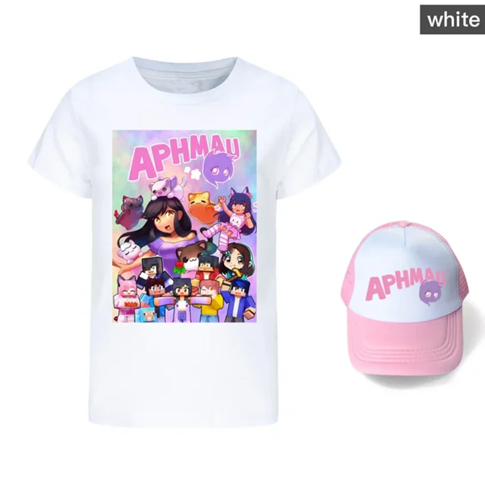 Anime Aphmau Tshit Kids Summer Clothes Baby Girls Cartoon T-Shirt + Sunhat 2pcs Set Boys Short Sleeve Casual Tops Children Tees