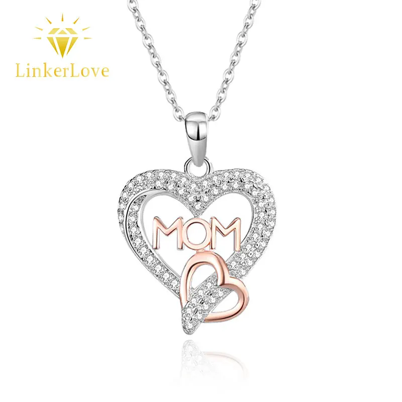 

LinkerLove S925 Sterling Silver Mom Double Heart Pendant Necklace for Women Choker Necklace Fine Jewelry Gift for Mothers Day