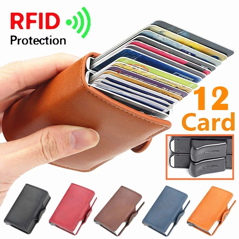 12 Card Slots Magic Anti RFID Double Aluminum Box Automatically PU Leather Wallet Card Holder Large Capacity ID Credit Bank Case