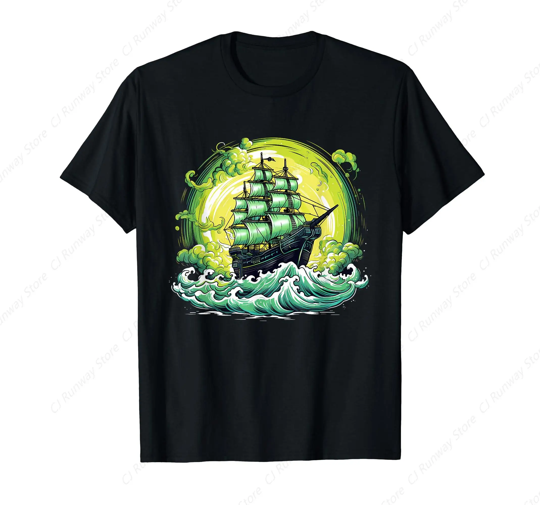 Pirate Ghost Stormy Waters Ship Yellow Green Lightning Storm T-Shirt