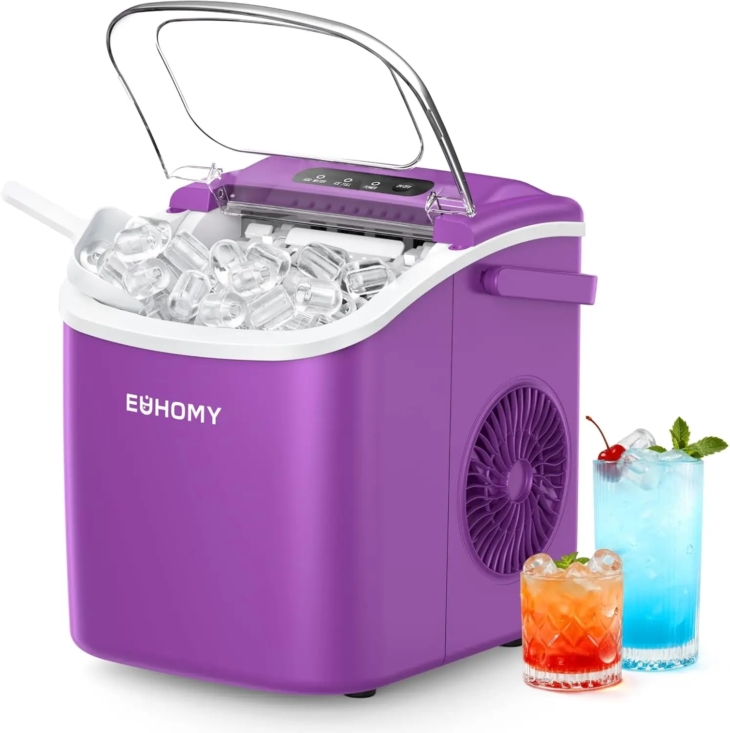 

Портативный льдогенератор с ручкой, производительность 26 фунтов в день, 9 кубиков за 6 минут, функция самоочистки для дома, кухни, кемпинга, автофургона