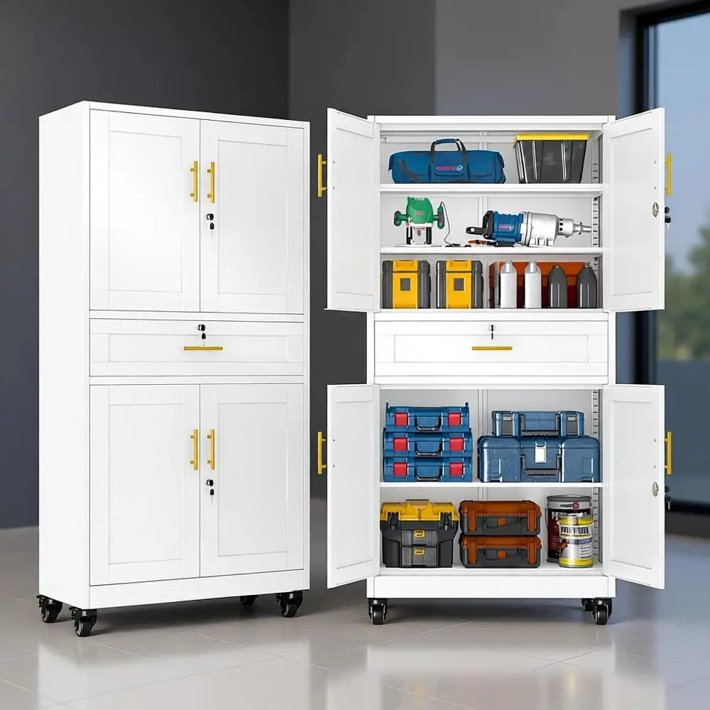 

71 Tall Metal Storage Cabinet with Wheels, Lockable and Adjustable Shelves for Garage or Home Office - White