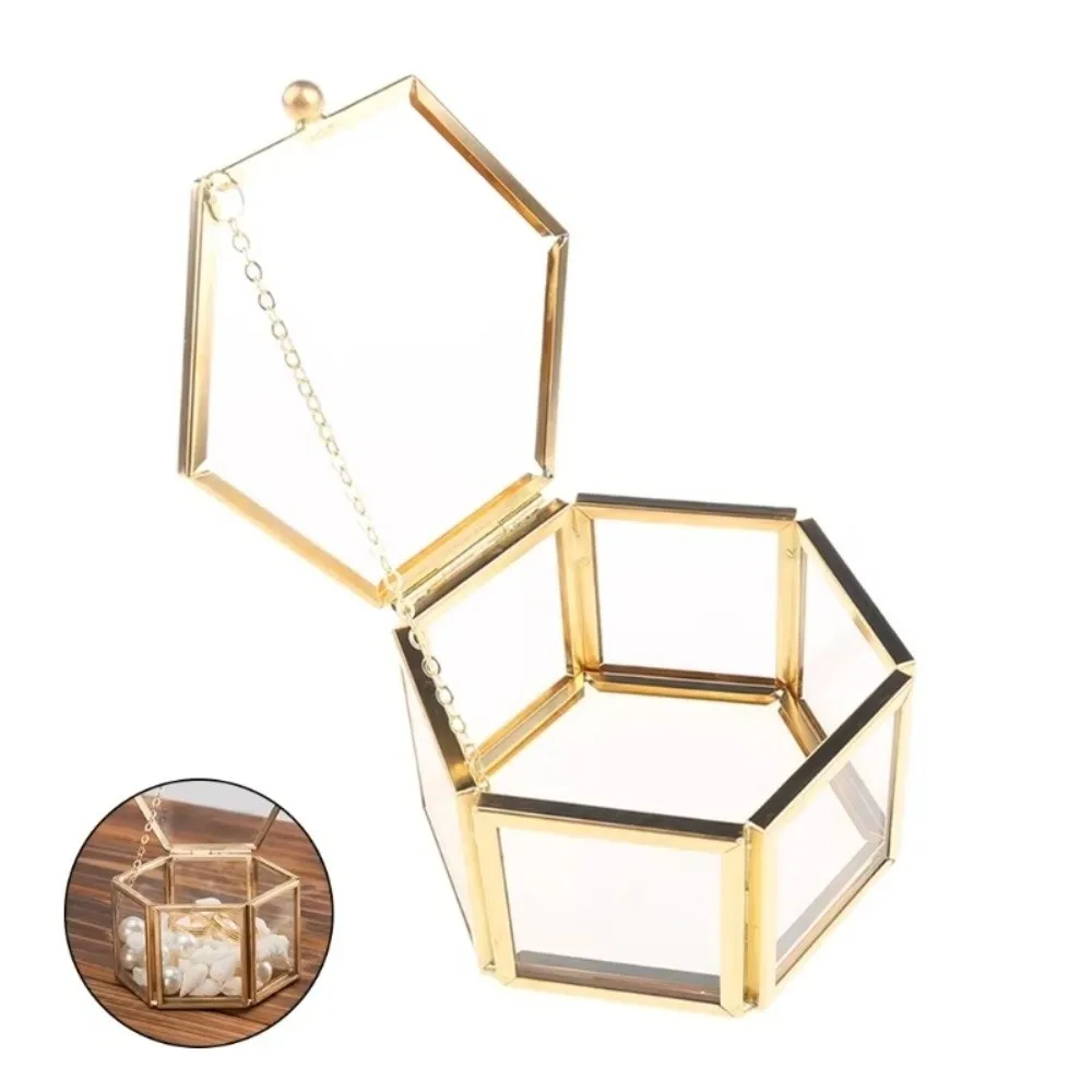 Accessories Storage Hexagon Glass Storage Box with Lid Transparent Display Case Jewelry Organizer Necklace