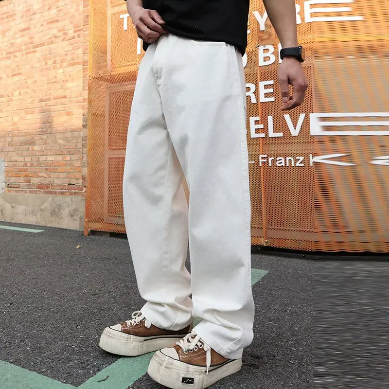 

Spring Basic White Jeans Baggy Fit Wide Leg Denim Trousers Male's Solid Color Clothing
