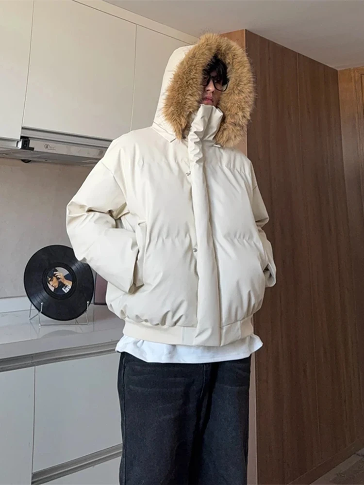 

Ультратонкая короткая пуховая куртка бежевого цвета с отстегивающимся меховым воротником для мужчин, зимняя верхняя одежда, американский стиль, с воротником-стойкой