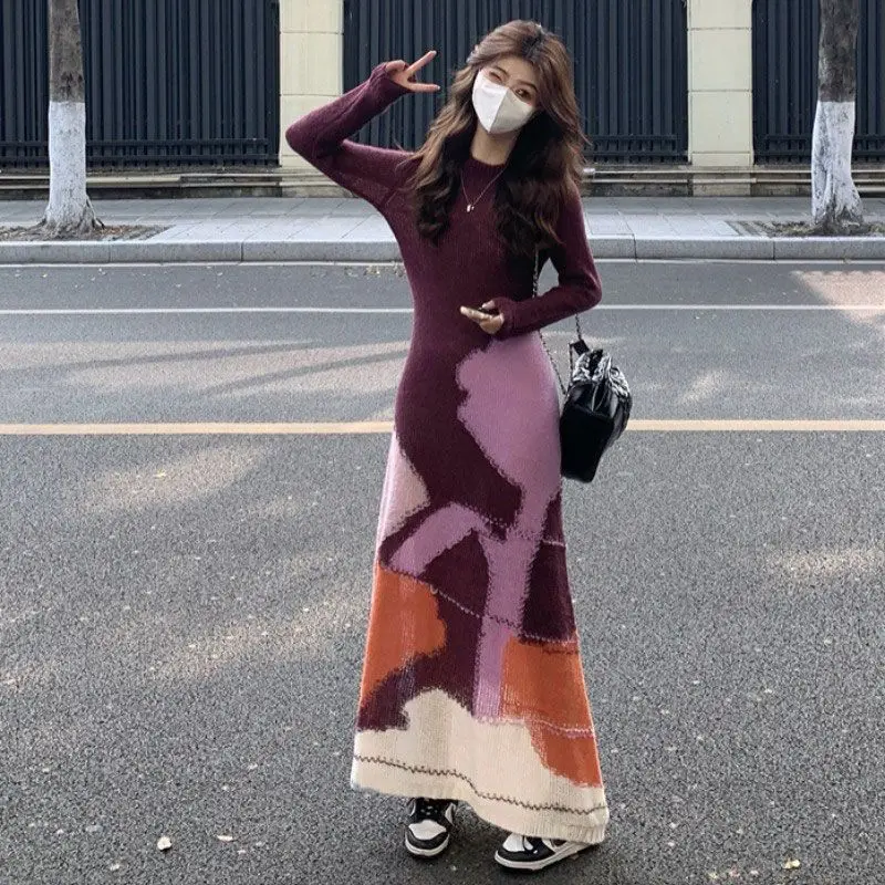 الملابس النسائية الراقية تحسس الموضة ورقيقة نمط الألوان المتناقضة لينة شمعي الموهير محبوك فستان سترة فستان طويل #2