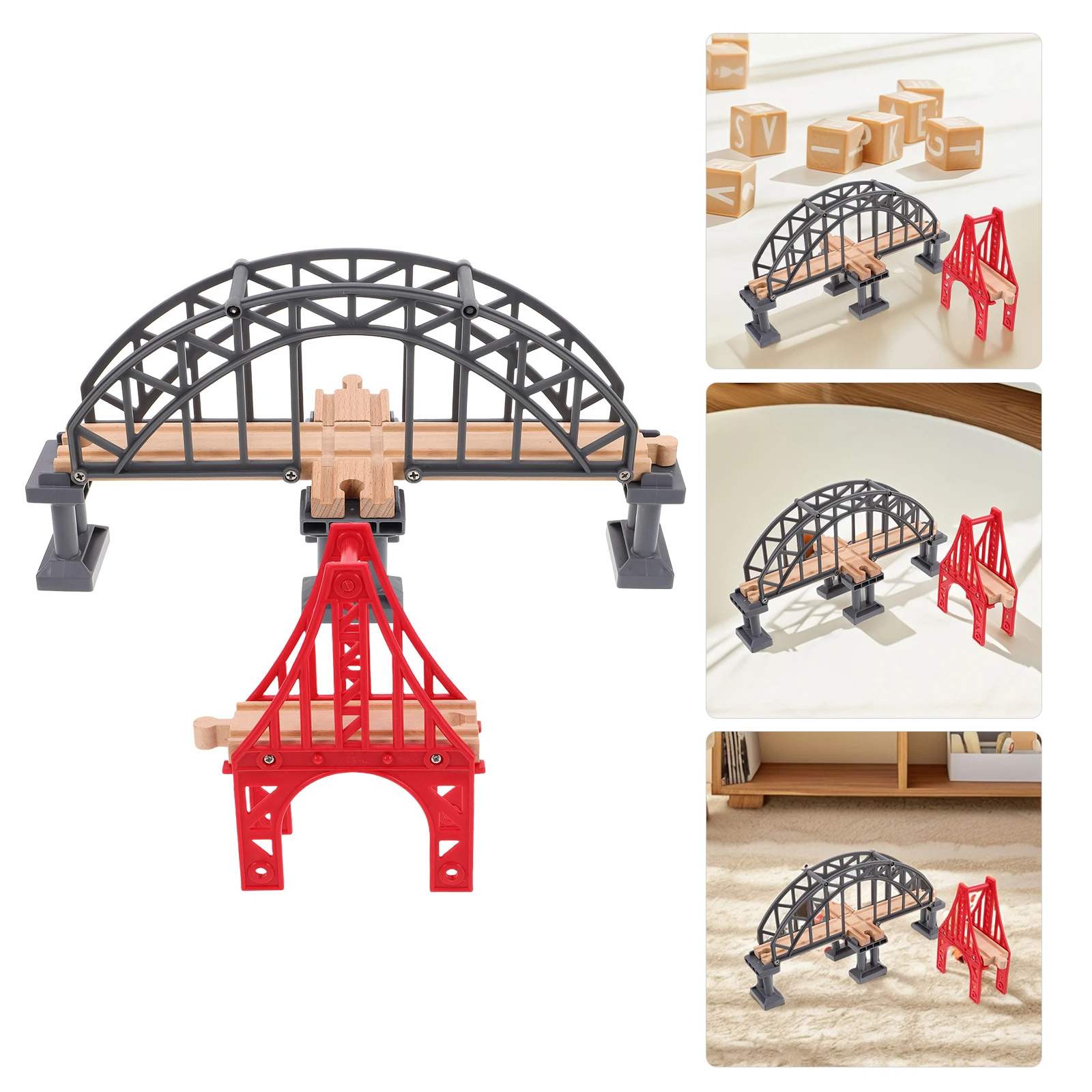 2pcs Wooden Train Track Bridge Set Suspension Railway Accessories For Kids Play Scene Plastic Supports Building Game Family