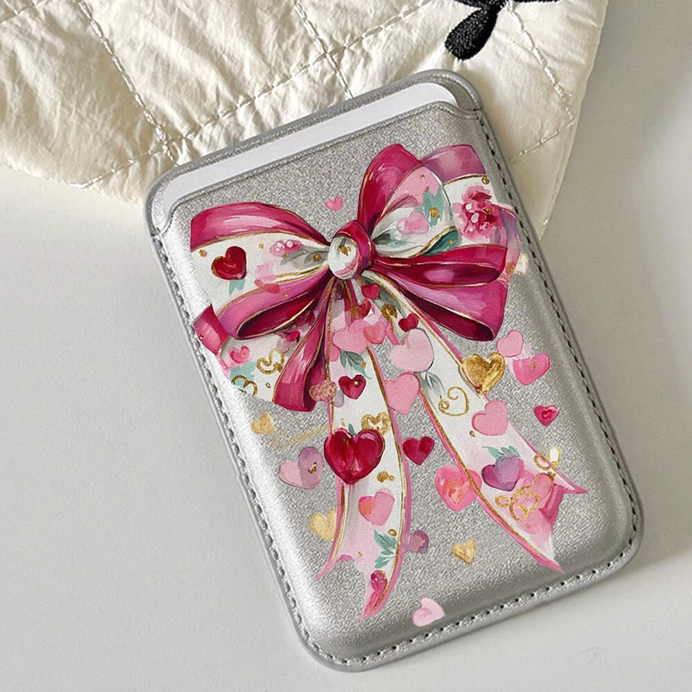 Coquet Rosa Schleife Leder-Kartenetui Handyhülle Kartenhalter Geeignet für alle iPhone-Hüllen Magsafe Magnetische Karten-Handy-Rückentasche – Detail 1