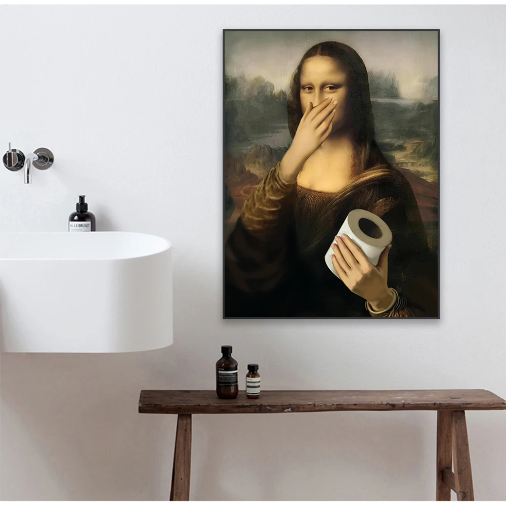 Funny Mona Lisa Bathroom Poster Decor Vintage Leonardo da Vinci Famous Print Toilet Paper Canvas Painting Classical Toilet Decor