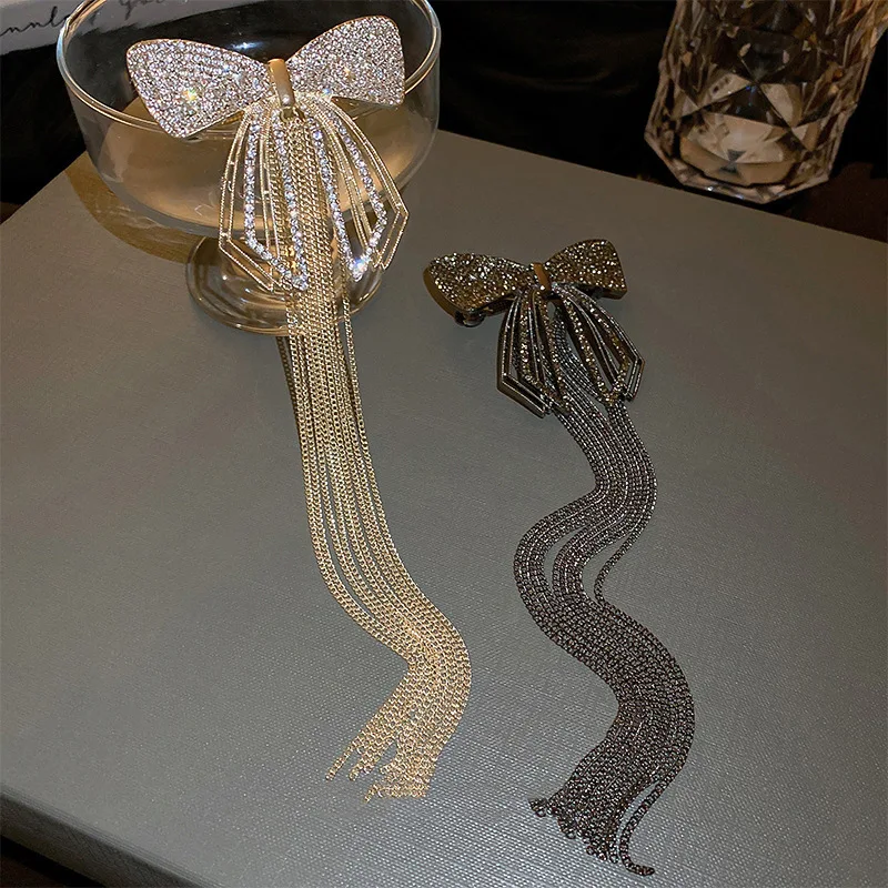 

Fashion Bow Tassel Hair Clips For Women Delicate Sparkly Rhinestone Tassel Hairpin Wedding Luxurious Hair Accessories