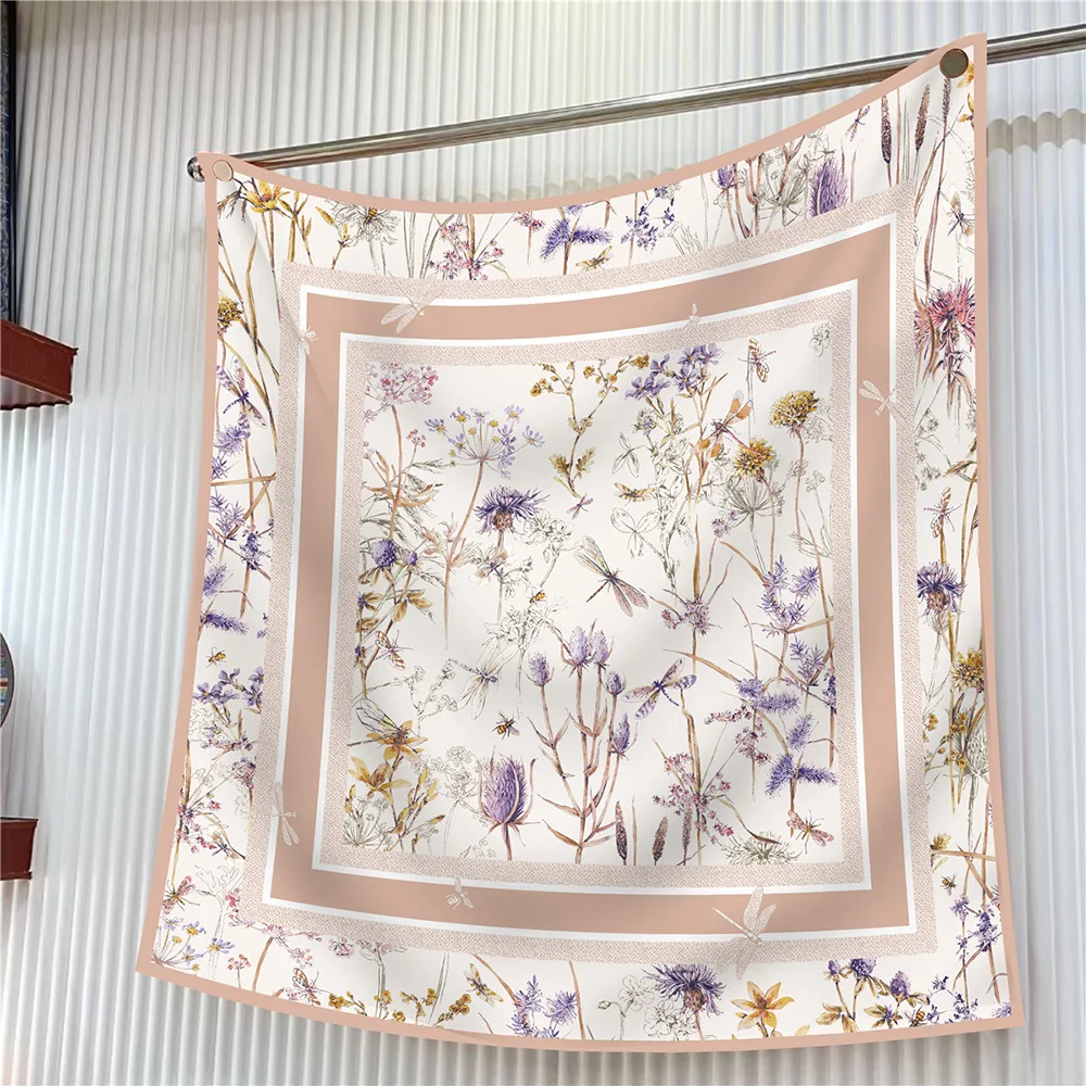 Version of The New 90cm Twill Silk Plant Flower Dragonfly Women\'s Outdoor Sunscreen Shawl Large Square Scarf Headscarf Scarf