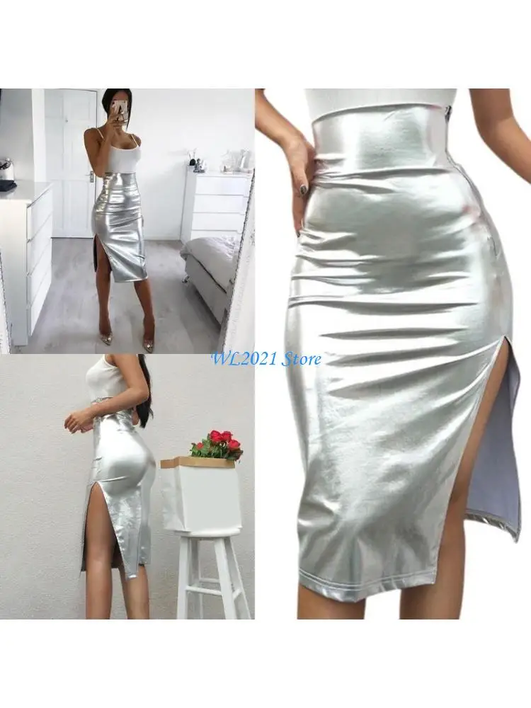 

G5GC Stylish Glitter Metallic High Waist Faux Leather Side Slit Midi Skirt for Women