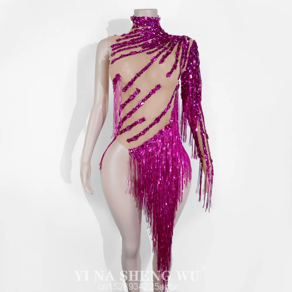 Vestido transparente sexi con borlas y diamantes de imitación brillantes para mujer, trajes de baile latino con un hombro, Bar, fiesta en club nocturno, disfraz nuevo