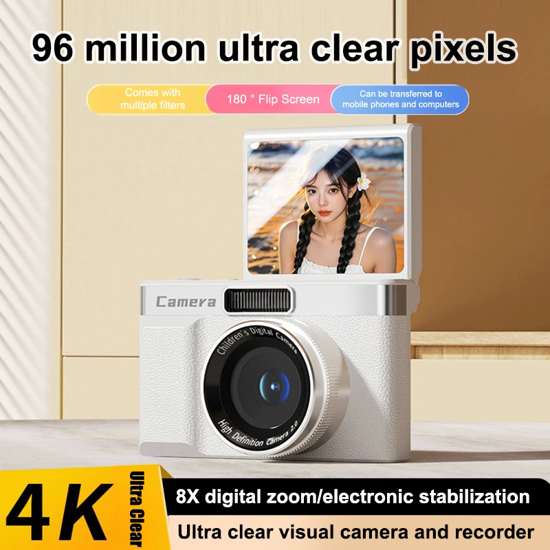 CCD Digital Camera Travel 180°Flip Screen Selfie Camara 96MP Autofocus 8X Zoom Entry-Level Kids Camara Portable Card Camera