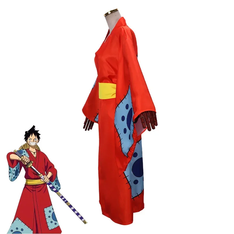 Disfraz de Anime Wano Country Monkey D. Luffy Cosplay Kimono para hombre adultos cárdigan rojo disfraces de Halloween