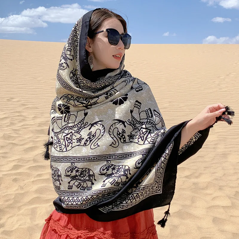 Spring Summer Women Scarf Elephant Print Tassels Hijab Lady All-match Luxury Scarves Female Travel Shawl Ethnic Style Capes