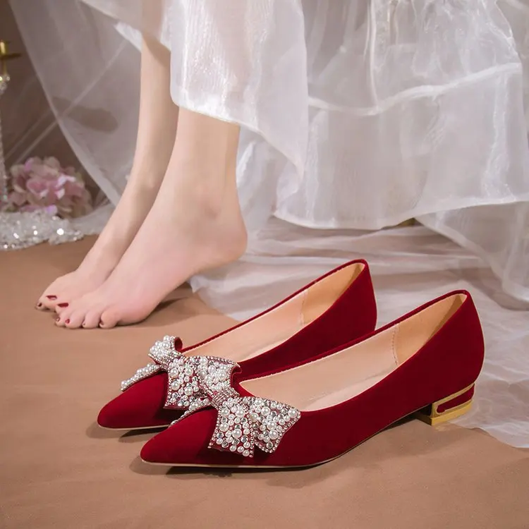 

Shoes Low Heels Bow-Knot Female Footwear Square Toe Butterfly Dress New Wedding Party Rubber Solid Butterfly-knot PU Slip-On Hig