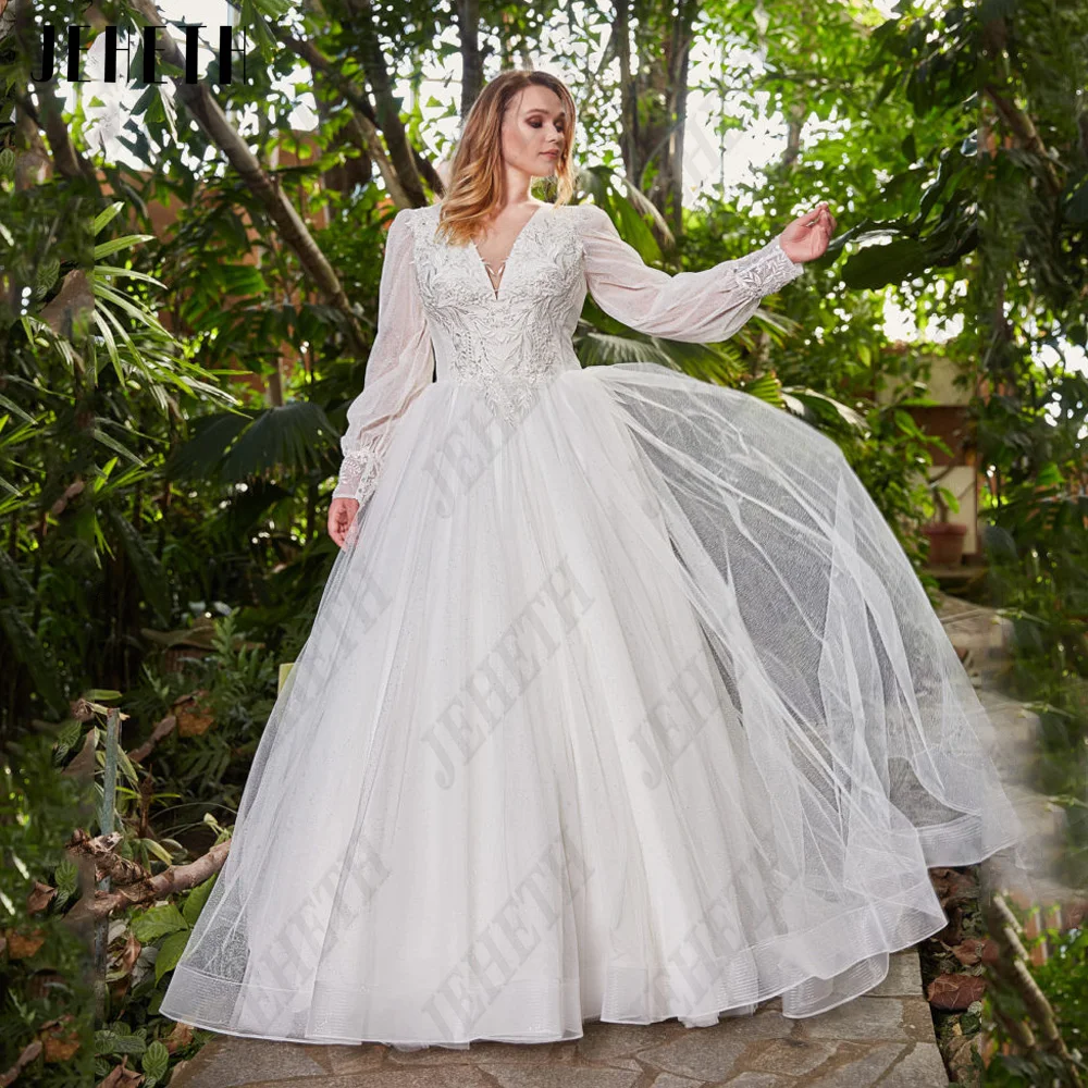 Jeheth princesse robe de mariée femmes manches longues cGuitar Hcondamned-Robe de mariée princesse pour femme, manches longues, col en V, à lacets, quelque soit le tulle, ligne A, moderne, grande taille, robe éducative