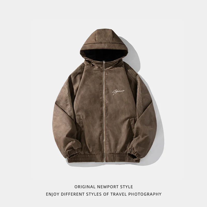 Men's PU Leather Quilted Cotton Down Jacket Stand Collar Winter Coat American Retro Embroidery Couple Hooded Outerwear AU-239