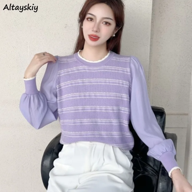 

Blouses for Women Elegant Knitted Chic Patchwork Fashion Spring Autumn 5 Colors Striped O-neck Korean Style Ins Loose Soft Fit