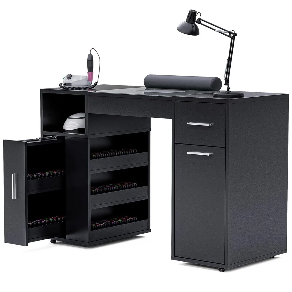 Manicure Table with Dust Collector Glass Top and Wheels (Black)