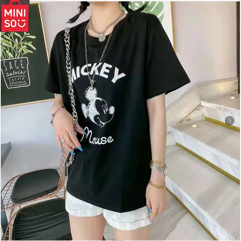 تي شيرت نسائي MINISO Minnie Mouse Silk بسيط وأنيق، قميص أساسي كاجوال، قميص برقبة دائرية، مخطط ألوان كوري #6
