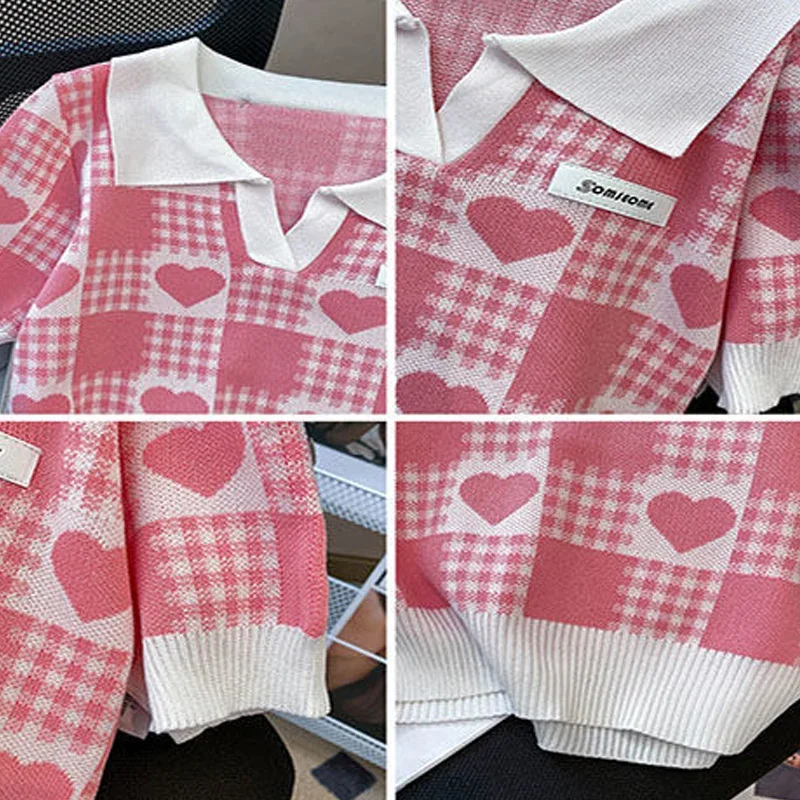 Korean T-shirt Knitted Slim Sweet Turn-down Collar Plaid Love Graphic Preppy Style Pullover Summer Women Tops