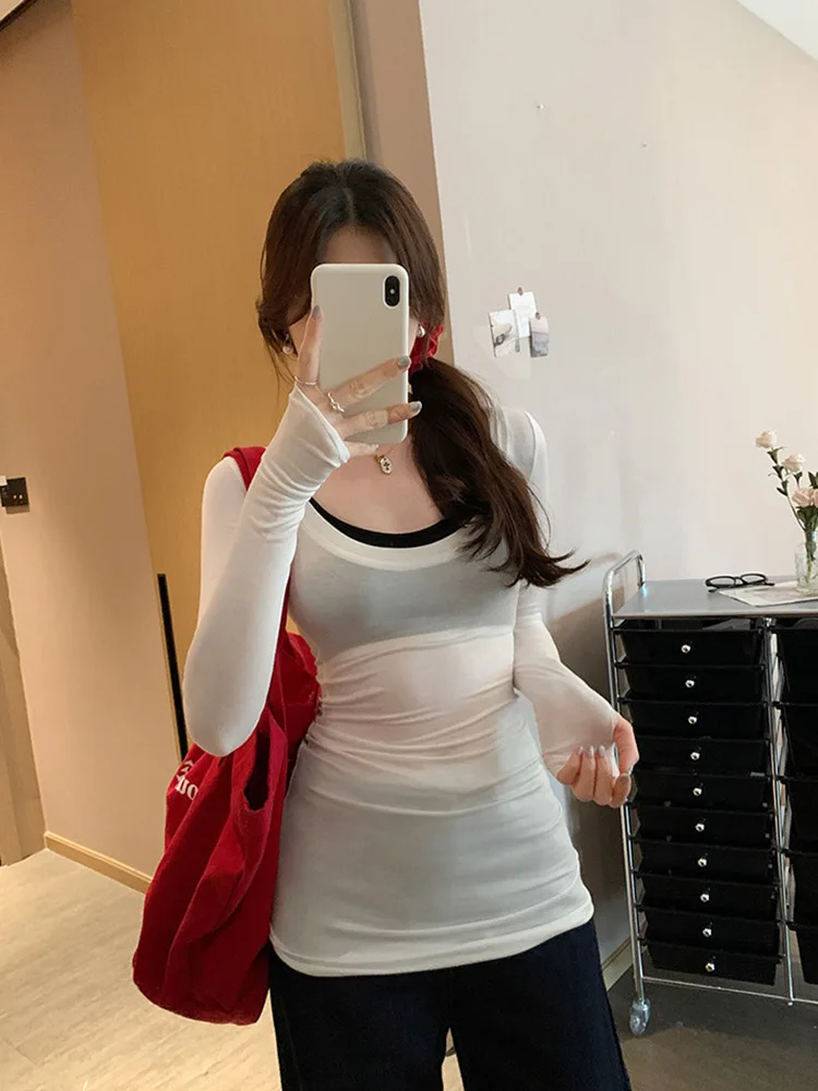 

Casual solid color T-shirt round neck long sleeved slim fit top for spring and summer semi transparent tops