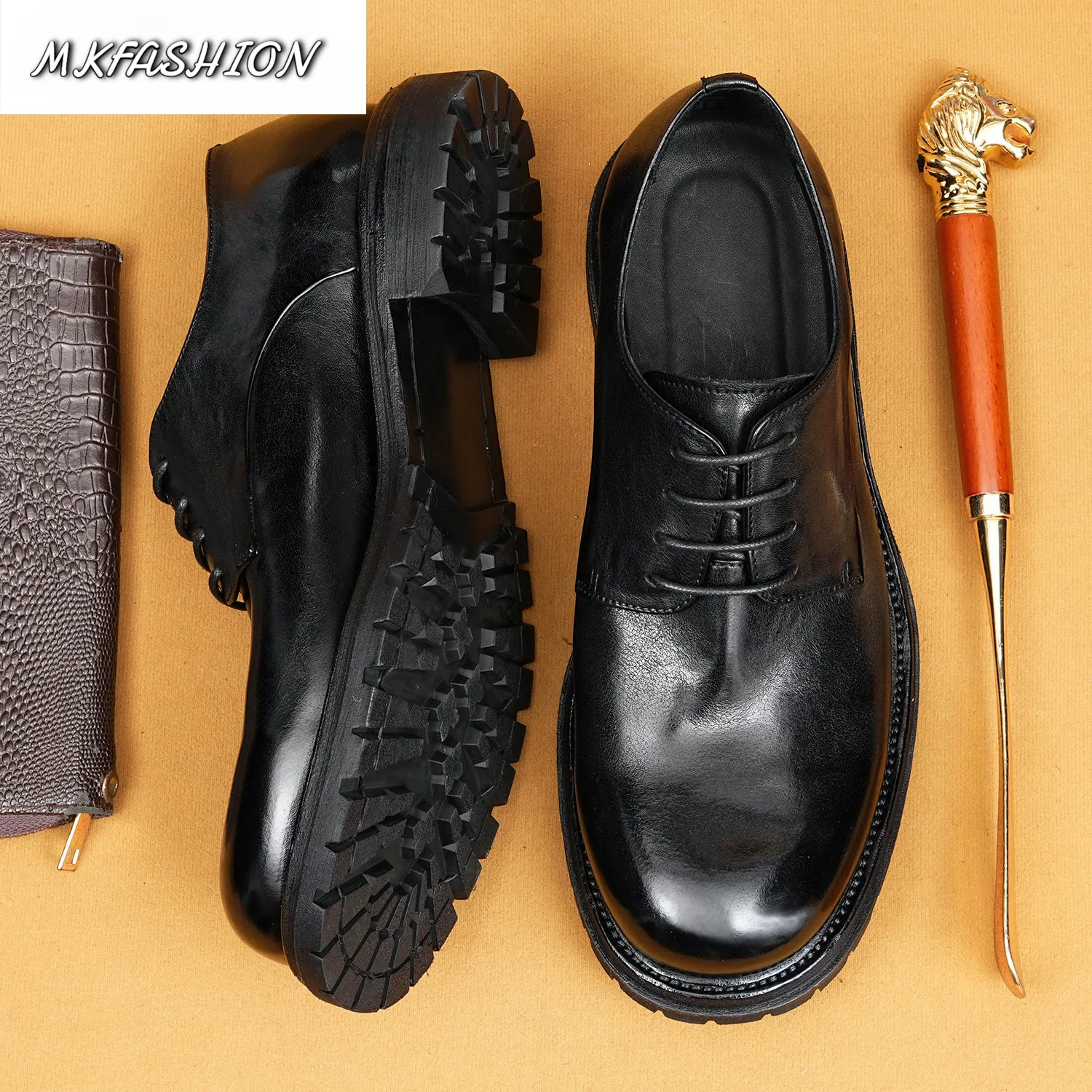 Retro Women British Business Leather Shoes Cow Leathe Round Toe Thick Sole Male Footwear
