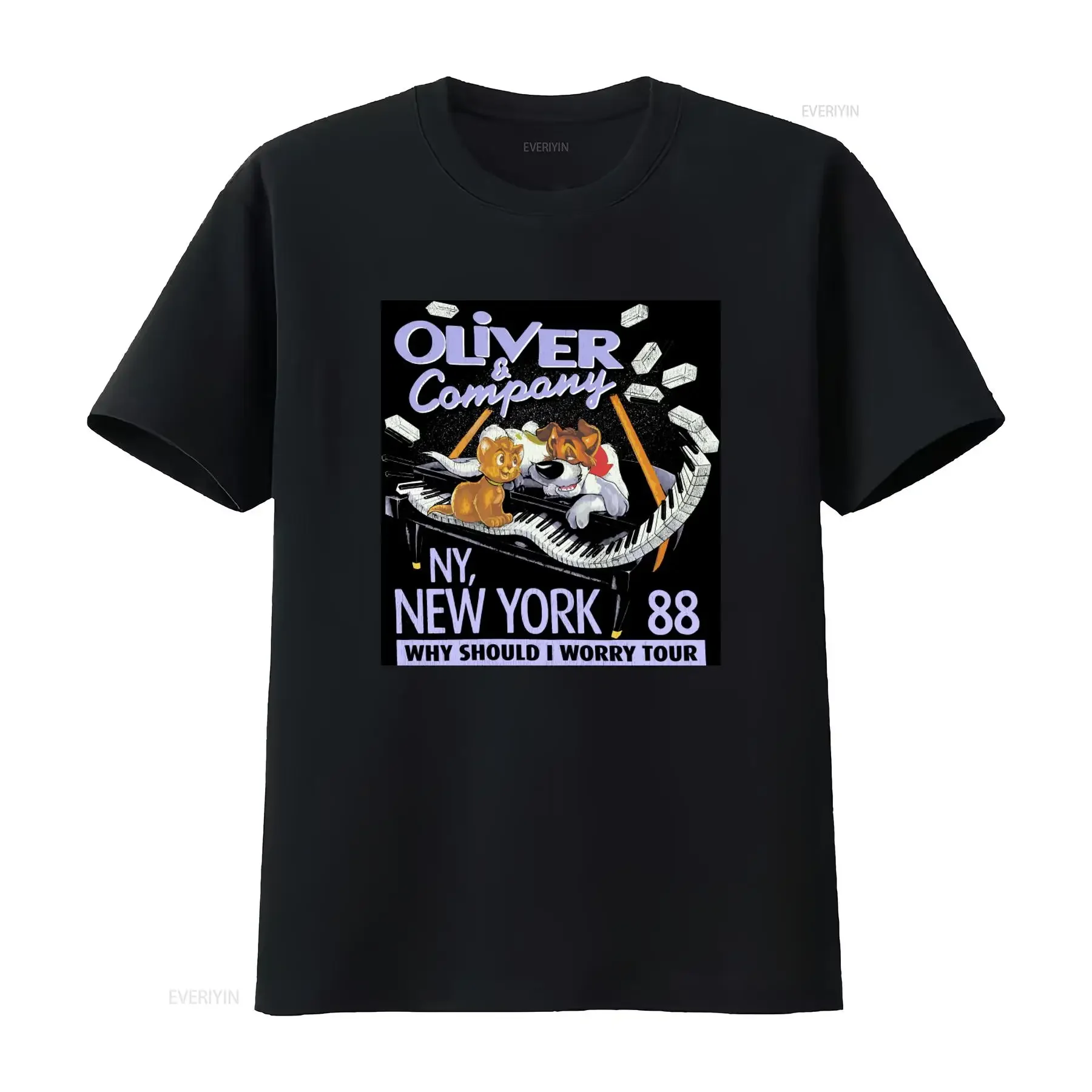 Oliver Company New York Movie T Shirt 1988 Why Should I Worry Tour Cartoon Cat Dog Piano Print Cotton S 5XL vintage Washed