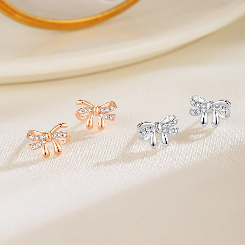 925 Silver Bow Earrings For Female Zircons Simplicity Earrings Niche Design Premium Ins Girlfriend Birthday Ear Jewelry Gift