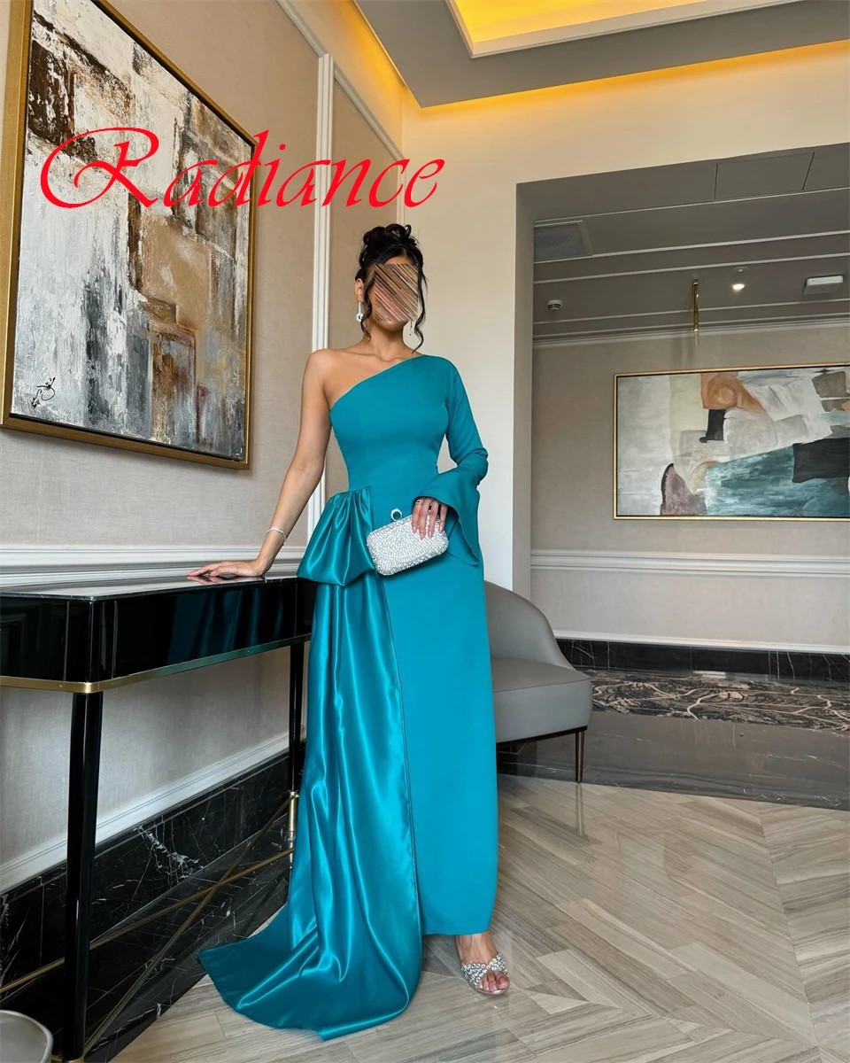 カスタマイズされたクラシックブルージャージイブニングドレス繊細なワンショルダーフレアスリーブハーフスリーブジッパーバック特別な日のガウン