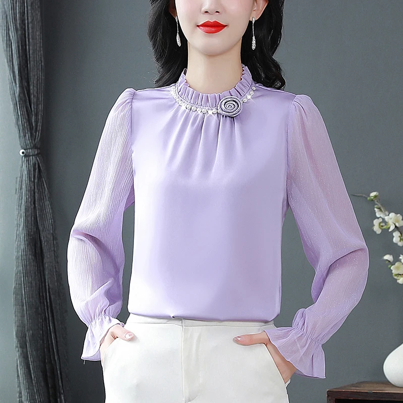 

Standing Collar Chiffon Top Women's Long sleeved 2024 Spring New Satin Loose Covering Belly Bottom Western Style Shirt