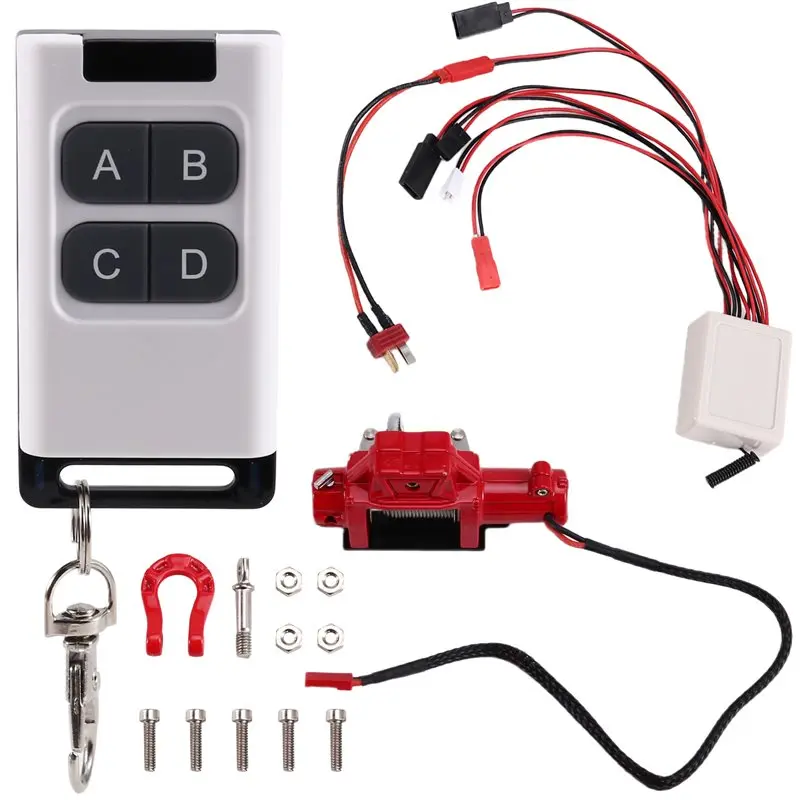 BEDW-Rescue Metal Winch With Multifunction Remote Control 1/10 Scale Car Model Climbing For 1/10 RC Crawler Red