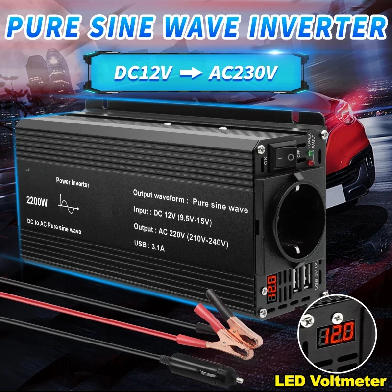 Pure Sine Wave Inverter DC 12V to AC 220V 230V 1500W/2200W/2600W Voltage Transfer Converter Universal EU Socket Auto Accessories