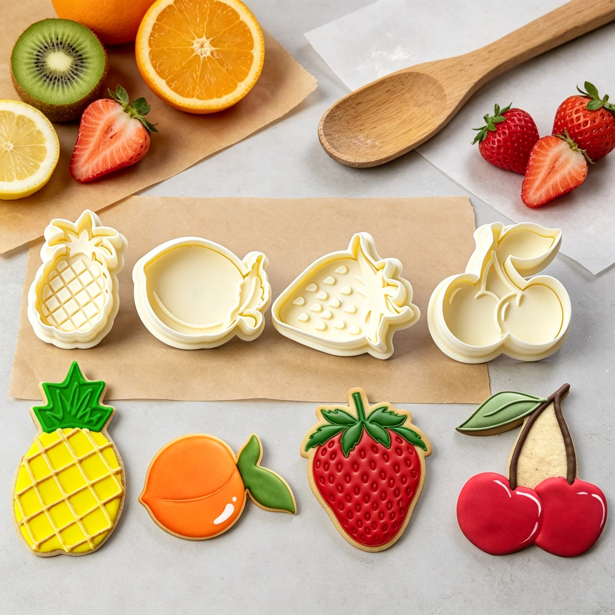 4PCS Cookie Stamp Set, BPA Free Food Grade PP, Strawberry Peach Pineapple Cherry, Non Stick Baking Tools for Kids Birthday Party