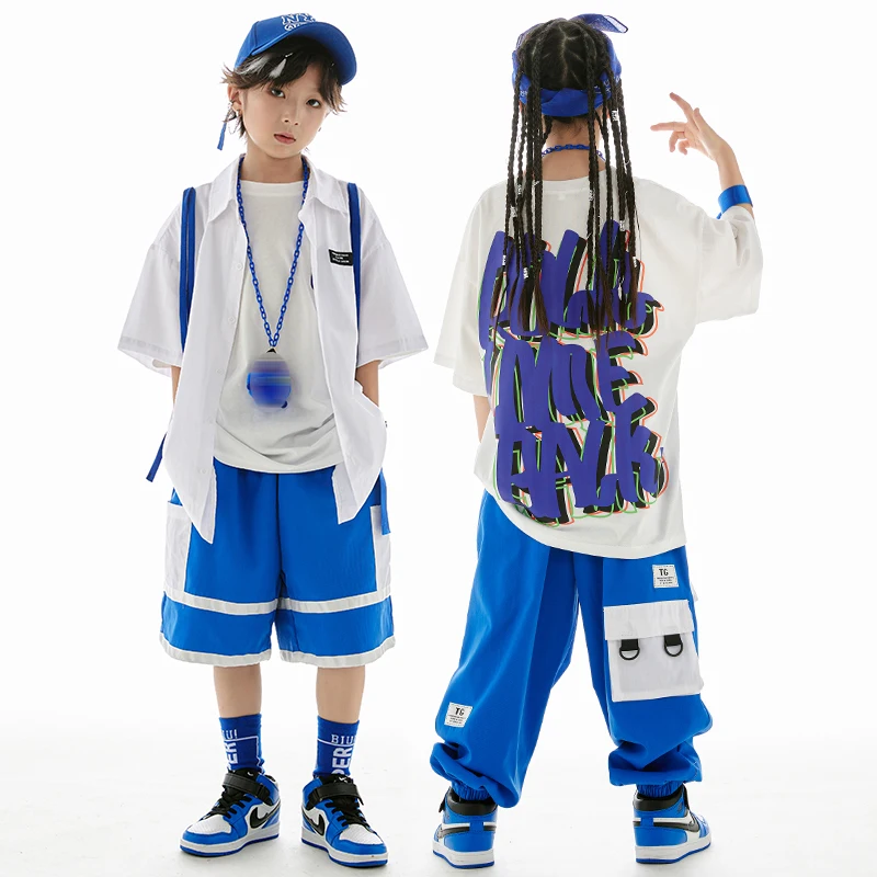 Street Dancing Children Hip Hop Clothes White Shirt Blue Pants Boys Drum Loose Performance Outfit Girls Jazz Dance Wear BL10879