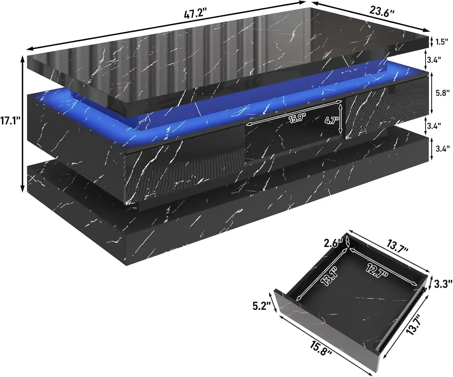 Black Double Layer 472 Inch LED Coffee Table With Two Sliding Drawers For Living Room Furniture